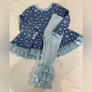 Lily & Londyn’s Blue Snowflake Dress and Ruffle Leggings Set
